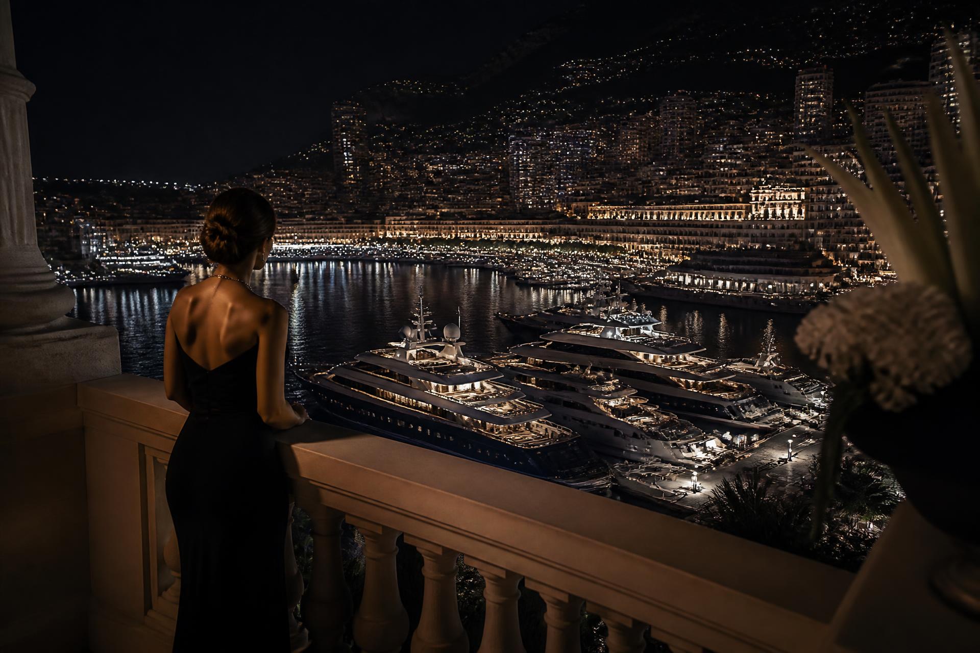 Superyachts moored in Monaco harbour at night